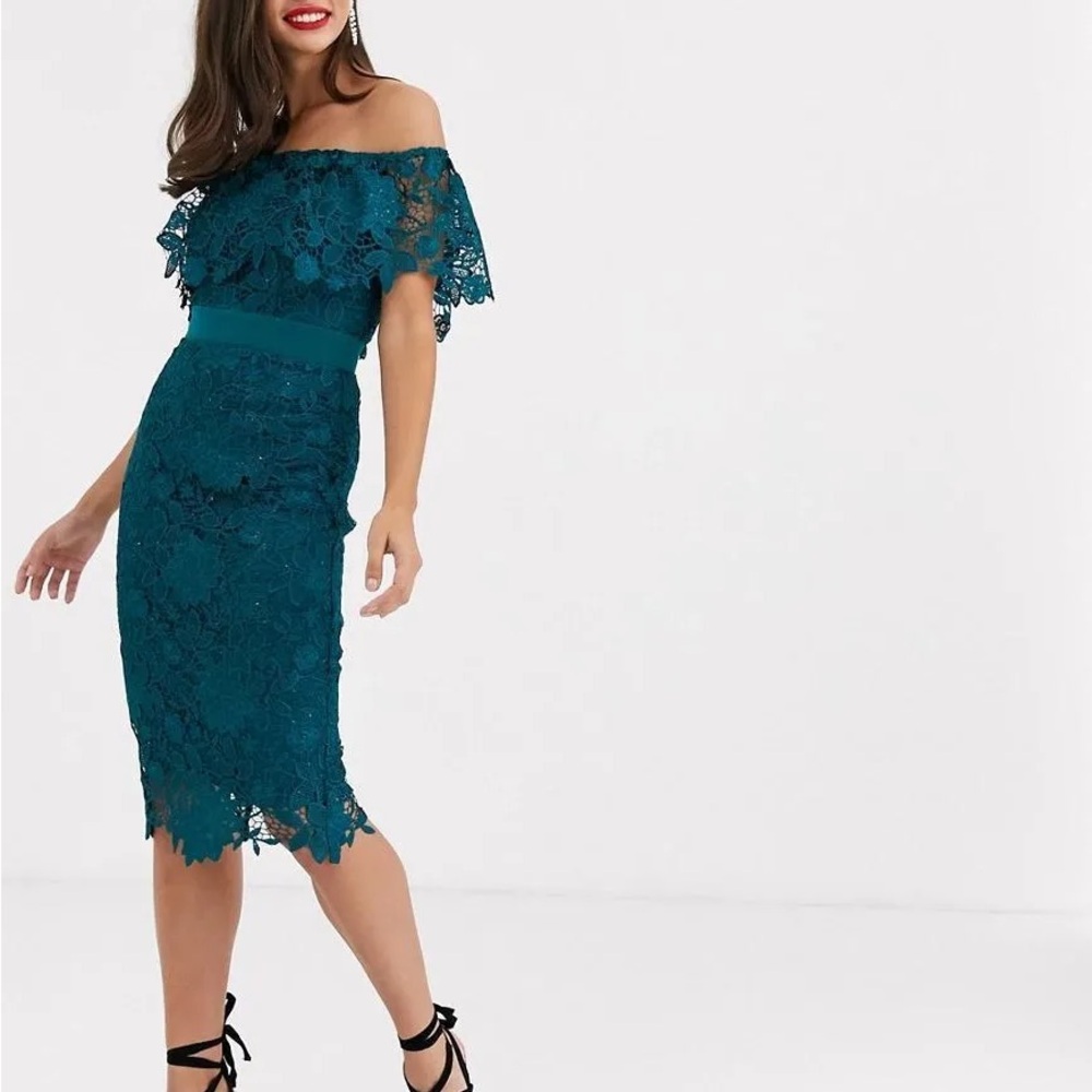 paper doll Teal Lace One-Shoulder Midi Dress